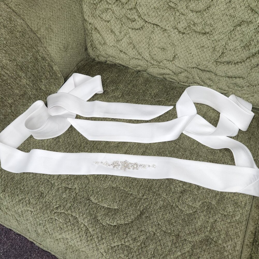 Bridal Dress Belt White Satin ribbon and rhinestone/crystal applique